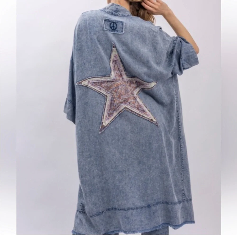 Blue Velvet Star Patchwork kimono top Women's Blue Denim Jacket with Star fringe - Picture 2 of 5